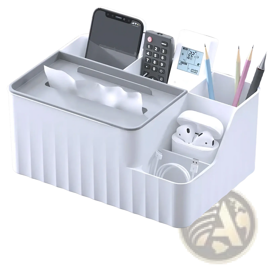 White plastic multi compartment desk organizer with ribbed sides and gray lid for efficient workspace storage