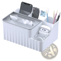 White plastic multi compartment desk organizer with ribbed sides and gray lid for efficient workspace storage