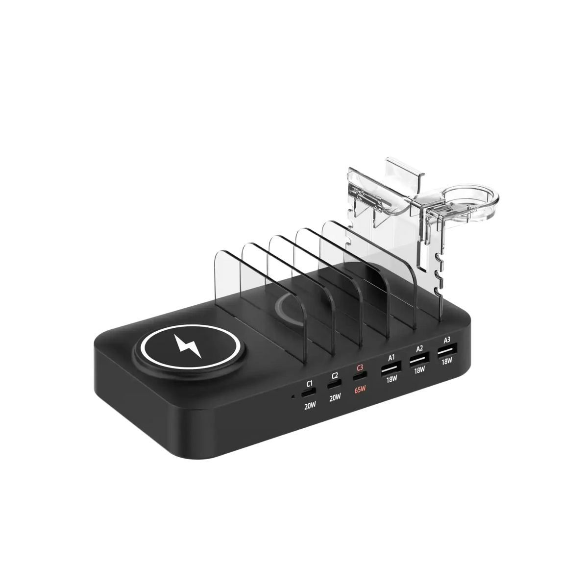 Black multi device fast charging station with wireless charging, multiple usb ports, and clear acrylic device slots