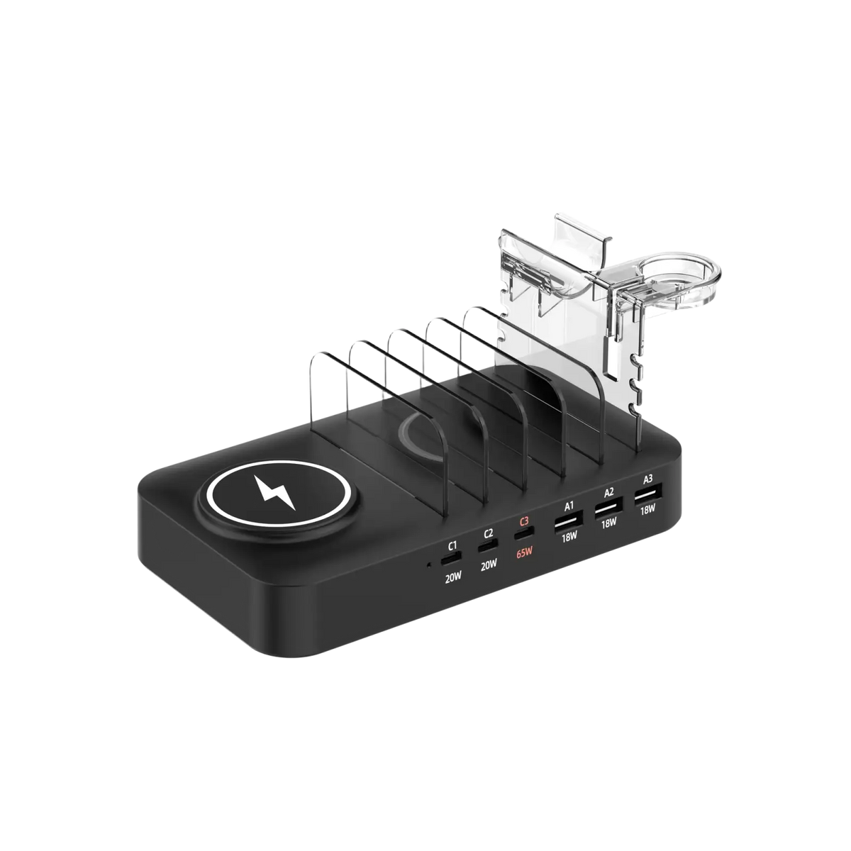 Black multi device fast charging station with clear acrylic slots and multiple usb ports for charging cables