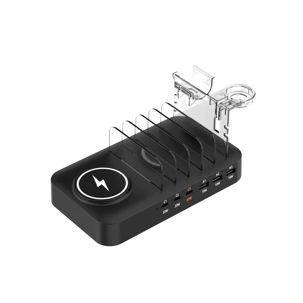 Black multi device fast charging station and wireless charger with five slots and multiple usb ports for charging cables