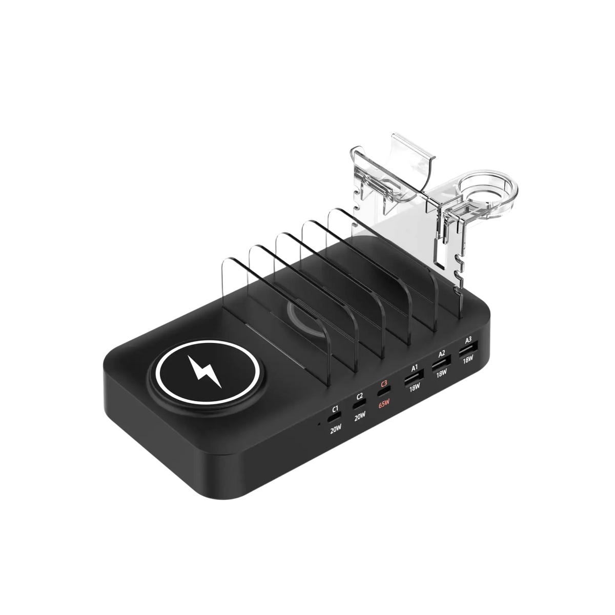 Black multi device fast charging station and wireless charger with five slots and multiple usb ports for charging cables