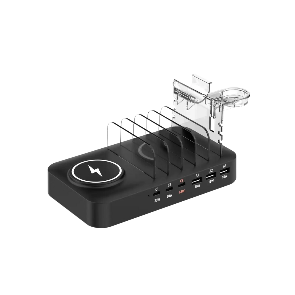 Black multi device fast charging station with wireless charging, multiple usb ports, and clear acrylic phone holder
