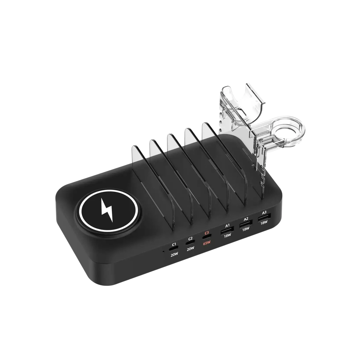 Black multi device fast charging station with wireless charging and labeled usb ports on clear acrylic stand