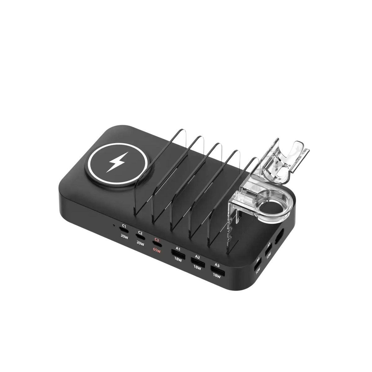 Black multi device fast charging station wireless charger with circular pad usb-a ports and clear plastic clip for cables