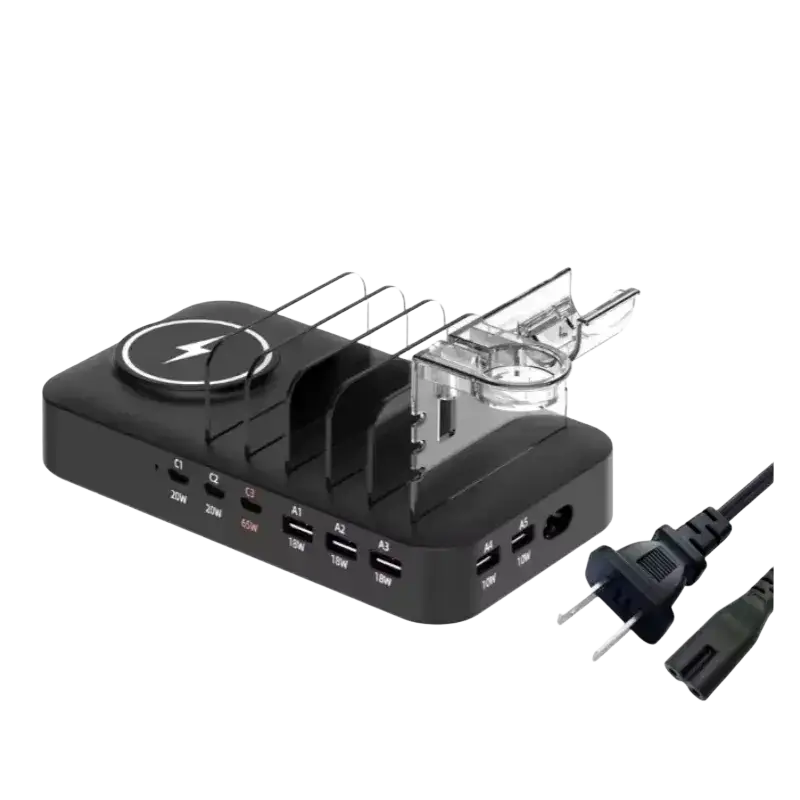 Black multi device fast charging station with wireless charging and multiple usb ports for charging cables use