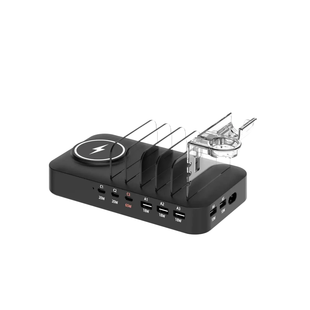 Black multi device fast charging station with wireless charging pad and multiple usb-a ports for charging cables