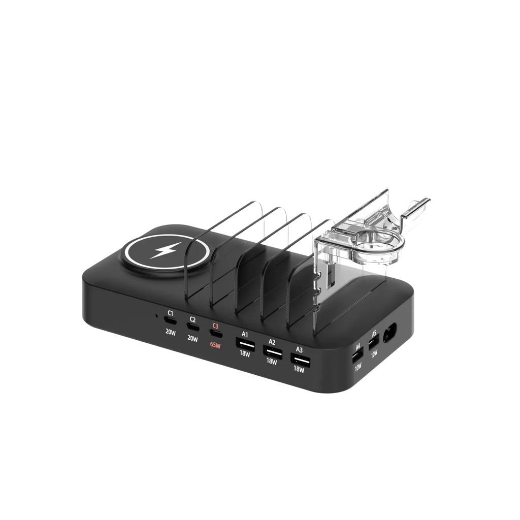 Black multi device fast charging station with circular wireless charger pad and multiple usb-a ports for charging cables