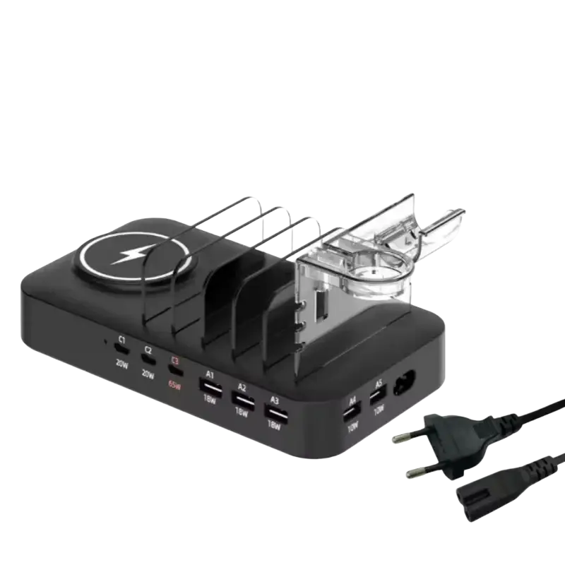 Black multi device fast charging station with wireless charger and clear acrylic slots for organizing charging cables