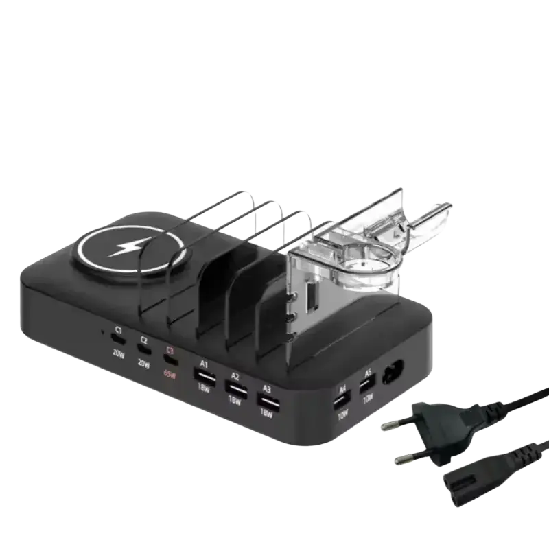 Multi device fast charging station wireless charger in black with built-in usb-a and usb-c ports and clear plastic stand
