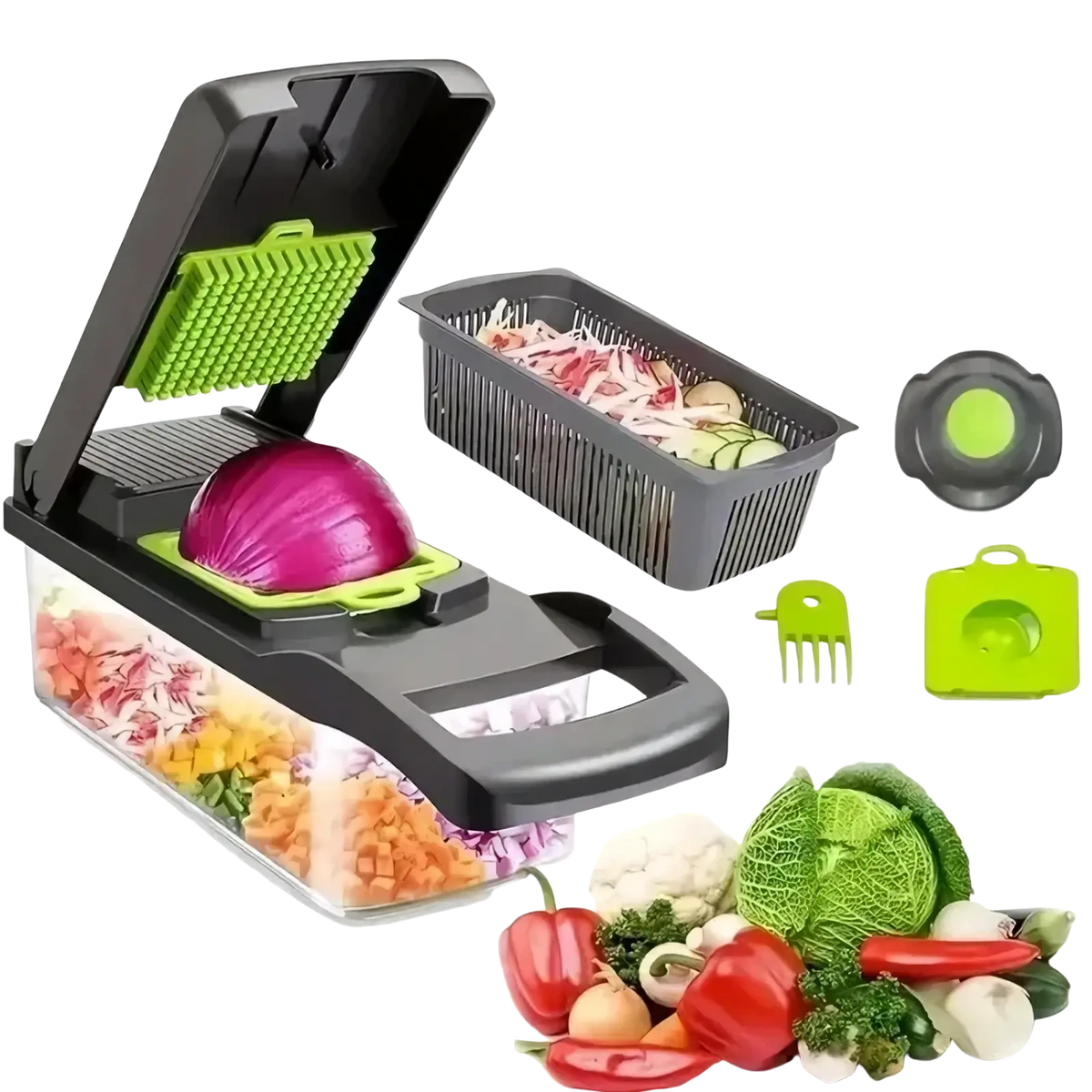 Black and green multifunction vegetable chopper and slicer with interchangeable blades and clear storage tray