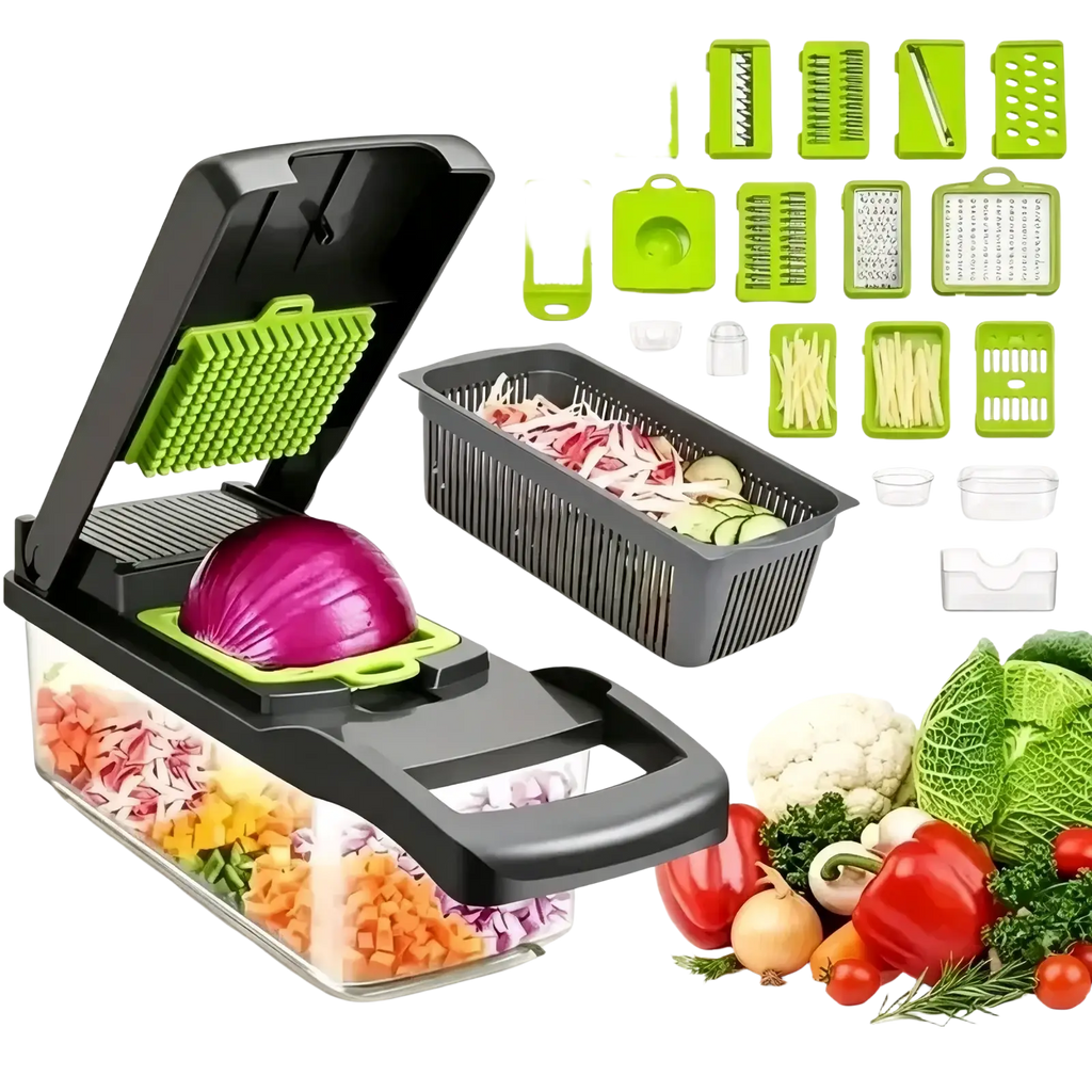 Black and green multi-function vegetable chopper with interchangeable blades for slicing dicing grating and shredding vegetables