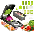 Black and green multi-function vegetable chopper with interchangeable blades for slicing dicing grating and shredding vegetables