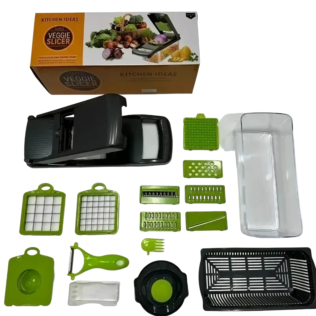 Black and green multi-function vegetable chopper and slicer with interchangeable blades and clear storage container