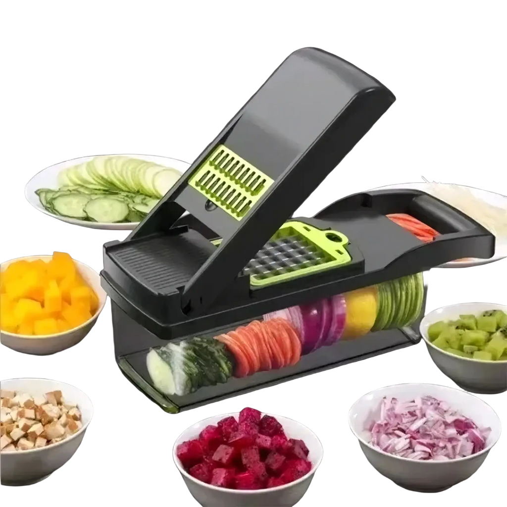 Black and lime green multi-function vegetable chopper and slicer with interchangeable blades for slicing dicing and grating vegetables