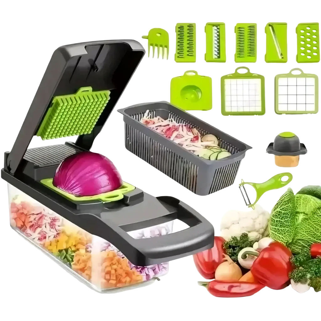 Black and lime green multi-function vegetable chopper and slicer with interchangeable blades and built-in storage tray