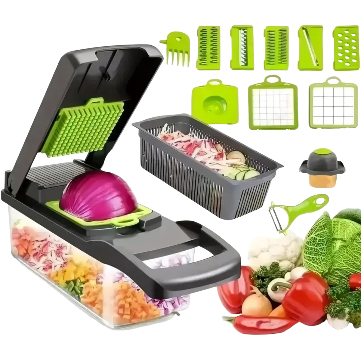 Black and lime green multi-function vegetable chopper and slicer with interchangeable blades and built-in storage tray