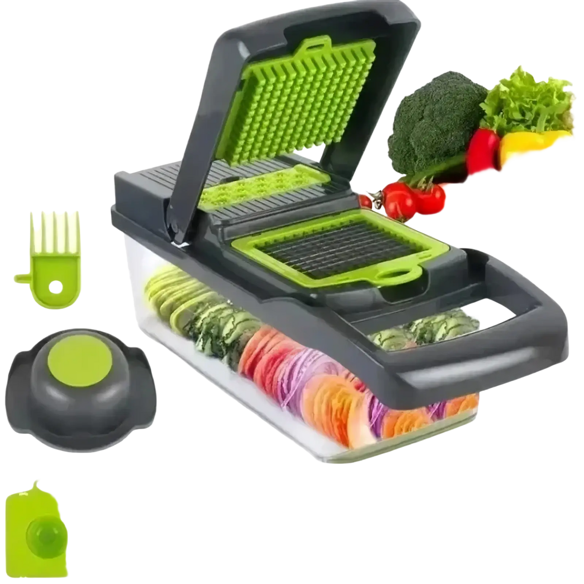 Green and black multi-function vegetable chopper and slicer with interchangeable slicing blades for versatile food prep