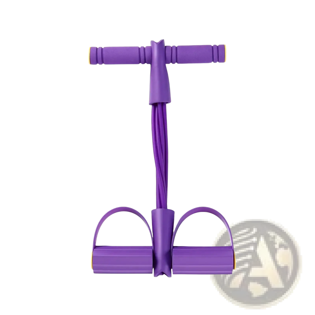 Multi functional pedal resistance band abdominal exerciser in purple with yellow handles and foot loops for strength training