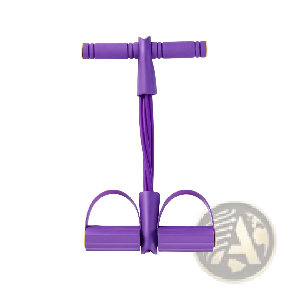 Multi functional pedal resistance band abdominal exerciser in purple with yellow handles and foot loops for strength training