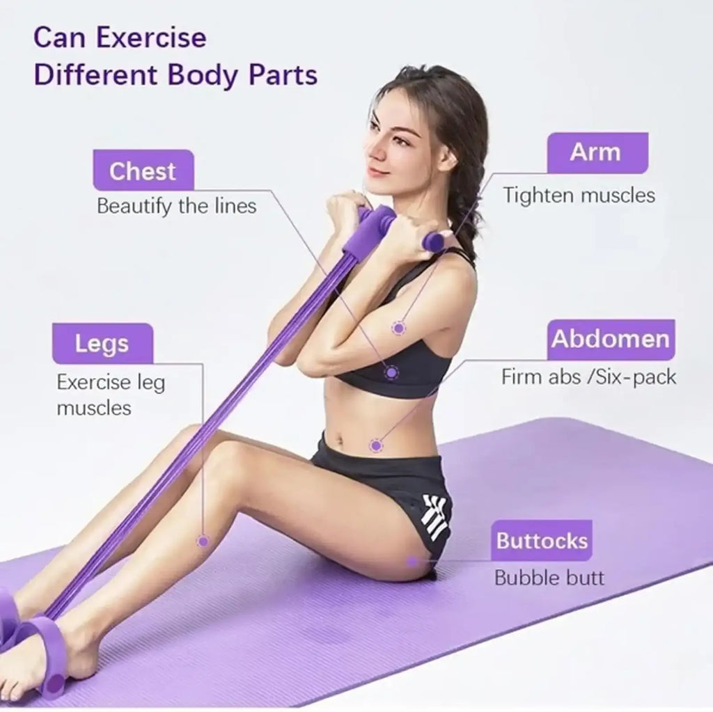 Purple multi functional pedal resistance band with handles made of durable material for full body abdominal exercise