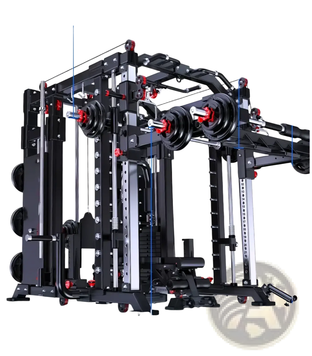Black metal multi-functional smith machine power rack with red accents and adjustable weight plates for versatile training