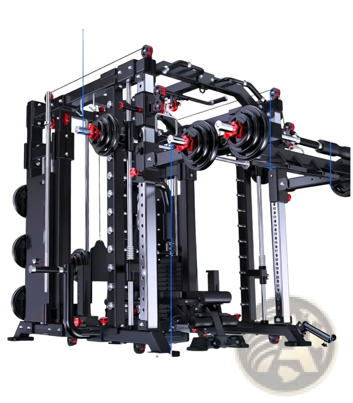 Black metal multi-functional smith machine power rack with red accents and adjustable weight plates for versatile training