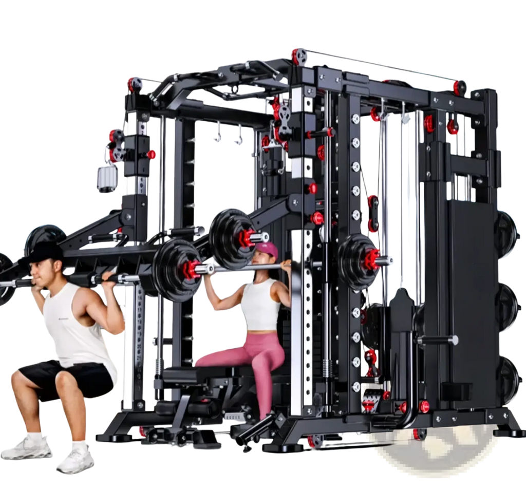 Black and red multi-functional smith machine power rack with adjustable weight plates and cable systems for home gym use