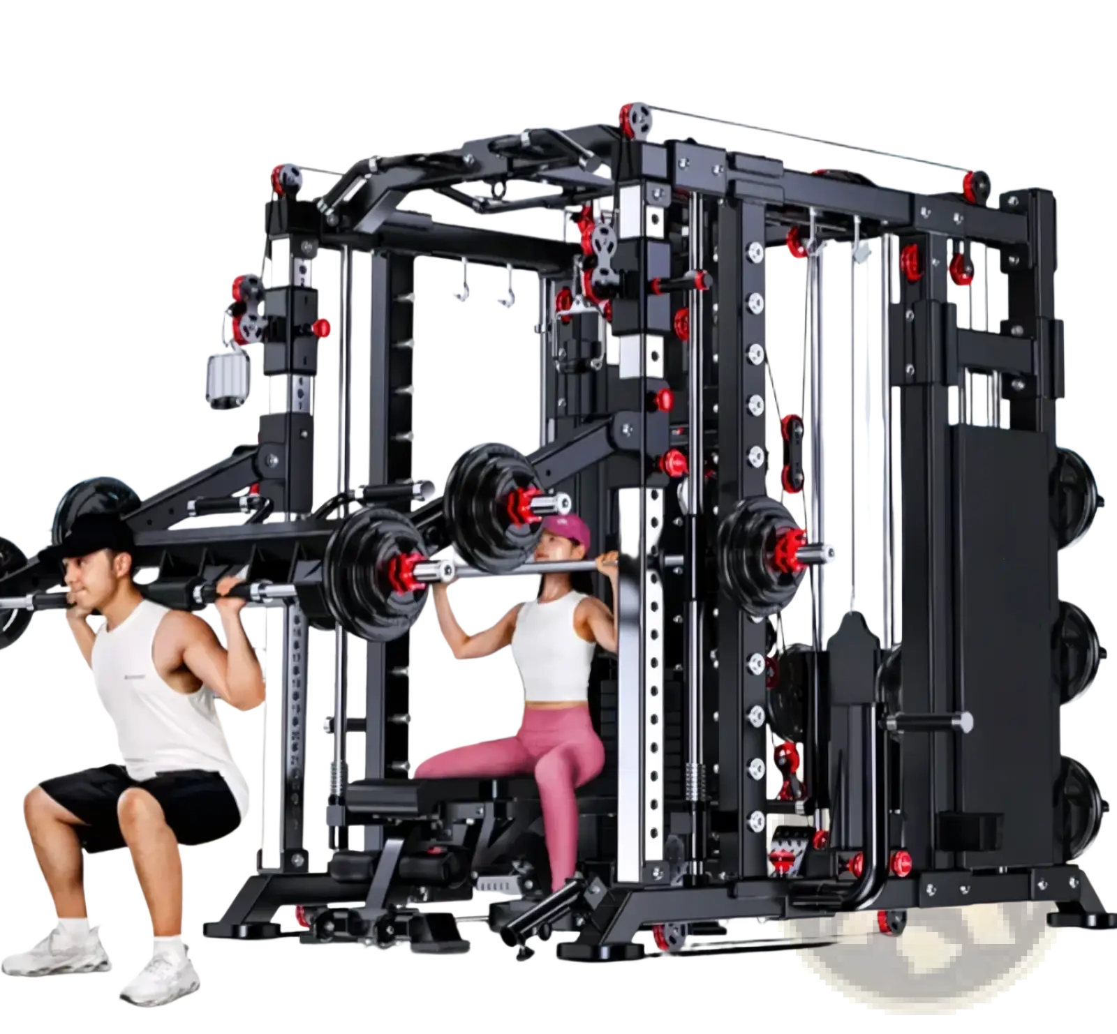 Black and red multi-functional smith machine power rack with adjustable weight plates and cable systems for home gym use