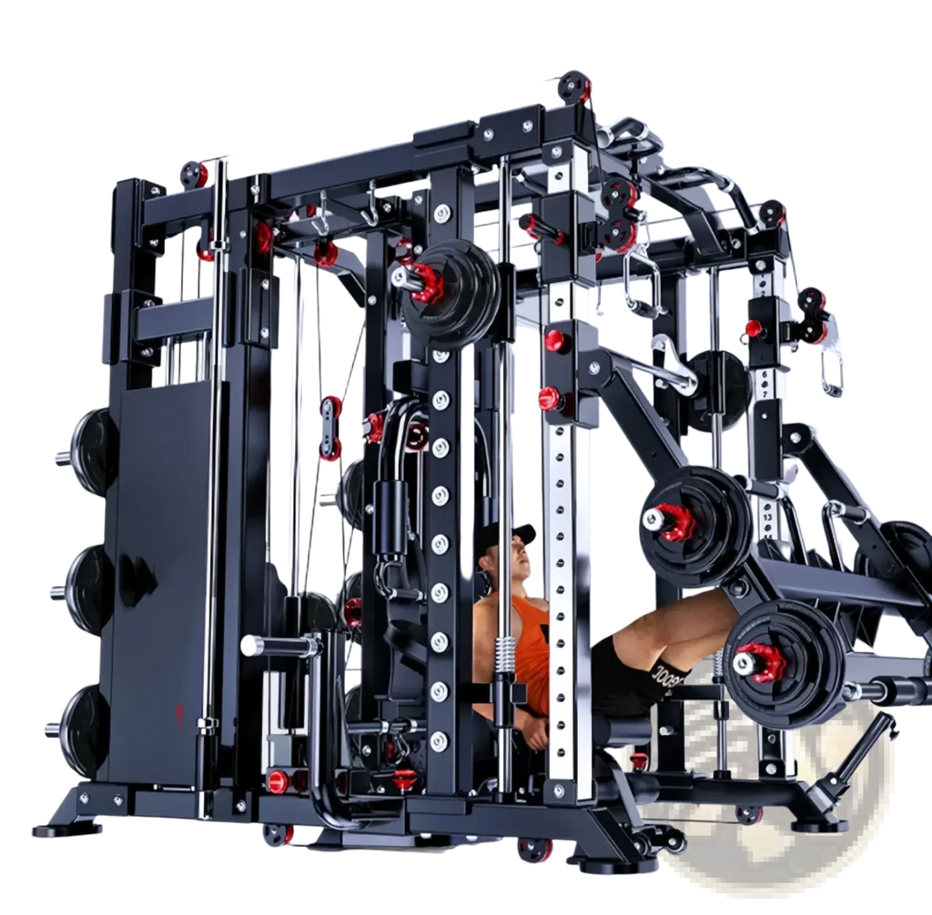 Multi-functional smith machine power rack in black and red with adjustable weight plates and cable attachments for home gym use
