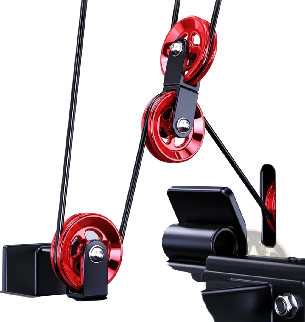 Red metallic pulleys with black mounting brackets on the multi-functional smith machine power rack for strength training
