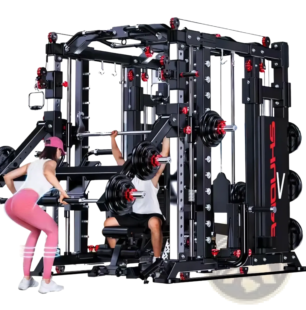 Multi-functional smith machine power rack in black and red with multiple weight stations and adjustable cables for strength training