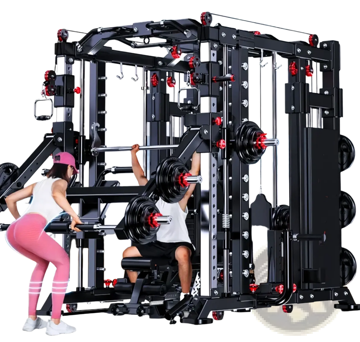Black and red multi-functional smith machine power rack with adjustable barbell stations and multiple attachment points