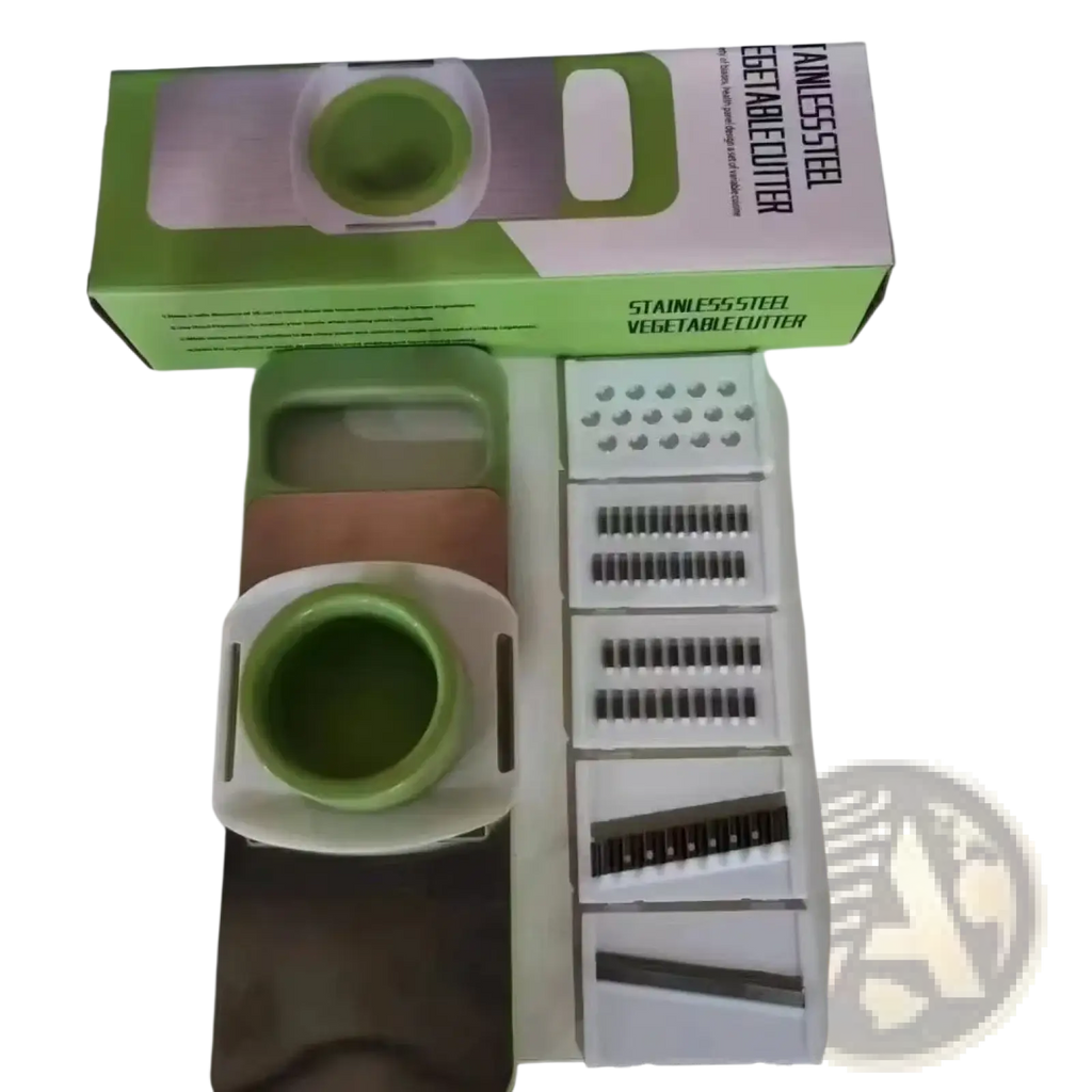 Multi-functional green and white stainless steel vegetable slicer shredder with interchangeable blades for versatile use