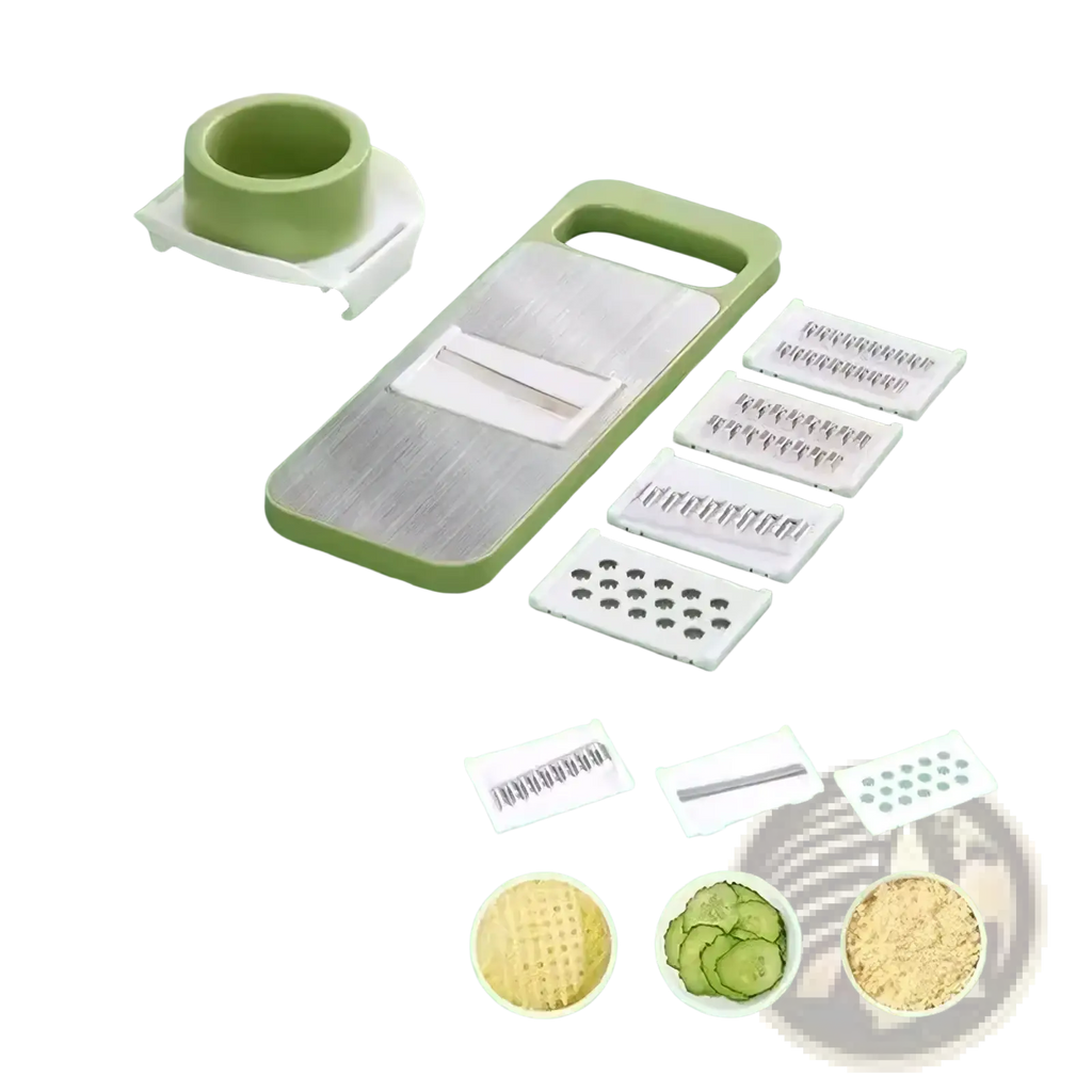 Multi-functional stainless steel vegetable slicer shredder in green and silver with five interchangeable cutting heads