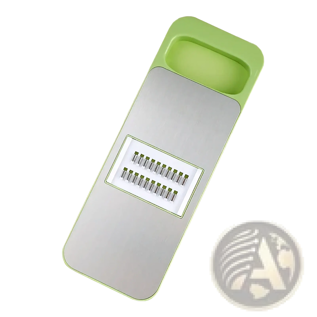 Multi-functional stainless steel vegetable slicer with green handles and multiple grating attachments for shredding