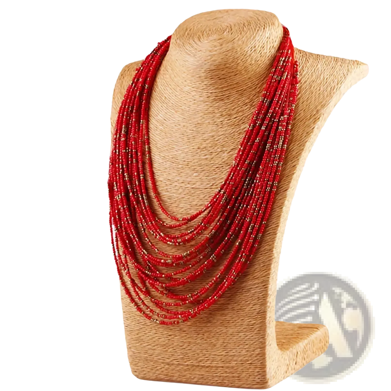 Multi-layer boho red beaded statement necklace with subtle gold accents displayed on a textured mannequin bust