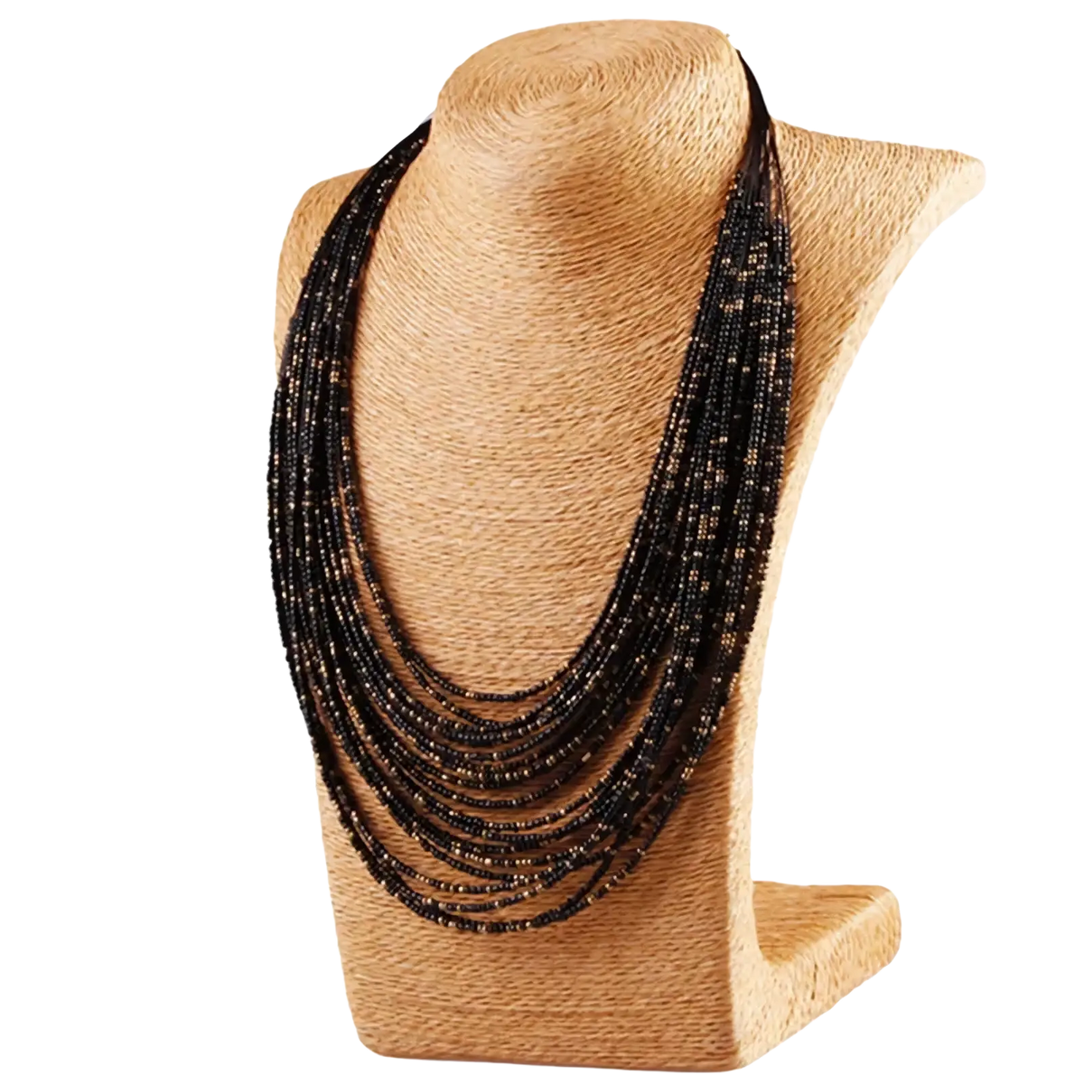 Multi-layer boho black beaded statement necklace with metallic accents displayed on woven mannequin