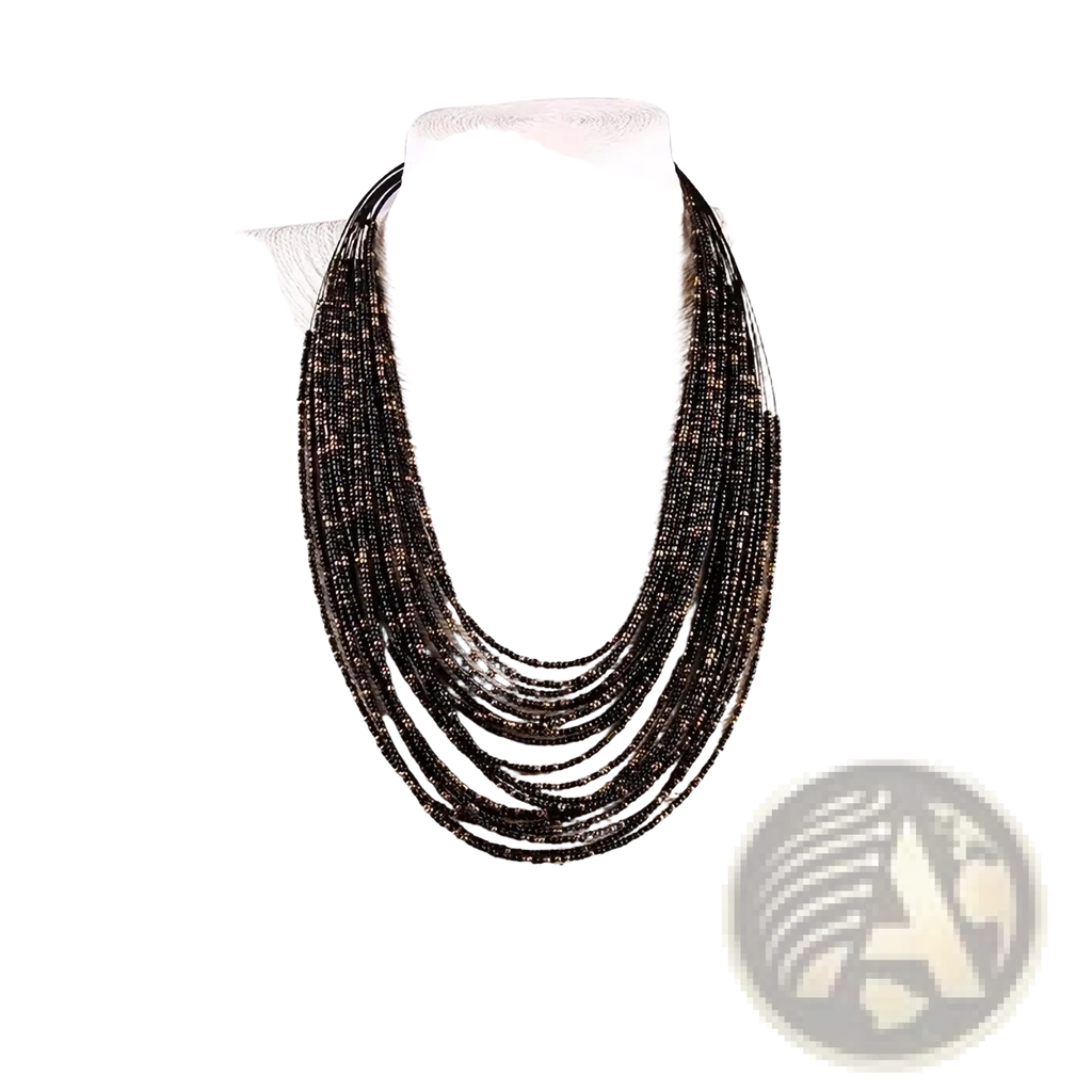 Multi-layer boho beaded statement necklace for women featuring black beads displayed on a mannequin bust