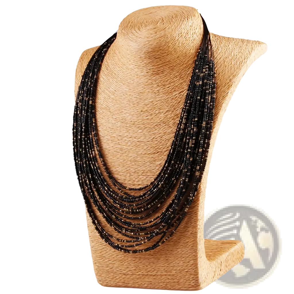 Multi-layer boho black beaded statement necklace with subtle metallic accents displayed on woven mannequin