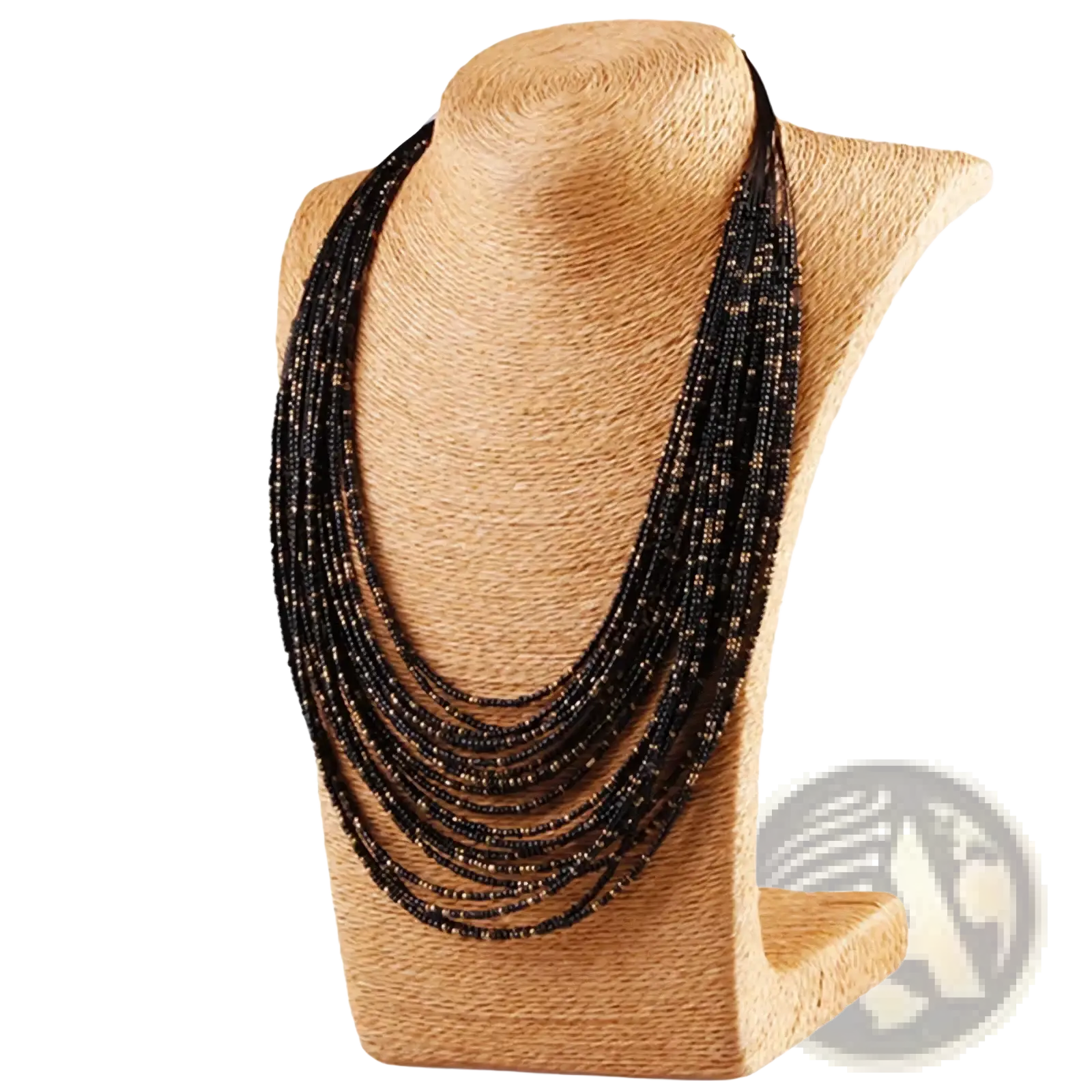 Multi-layer boho black beaded statement necklace with subtle metallic accents displayed on woven mannequin