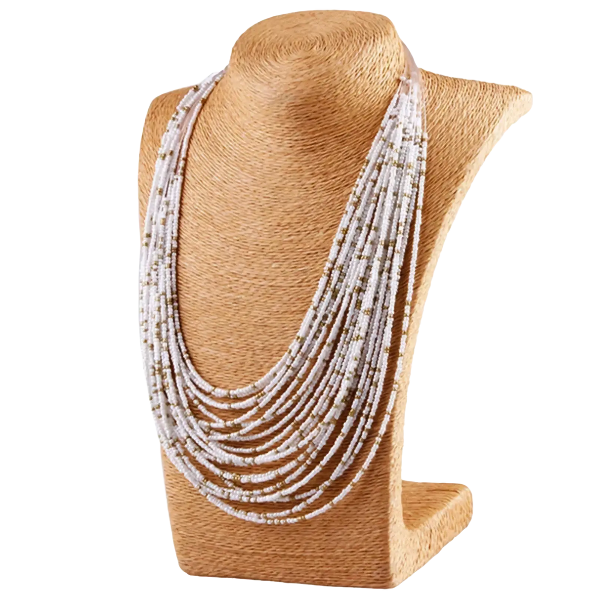 Multi-layer boho beaded statement necklace for women with delicate white and gold beads displayed on a textured bust