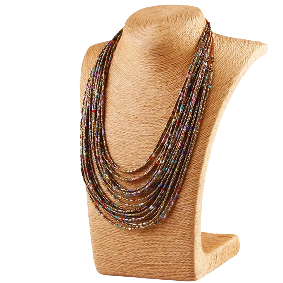 Multi-layer boho beaded statement necklace for women with multi-strand small glass beads in earthy brown and multicolored accents