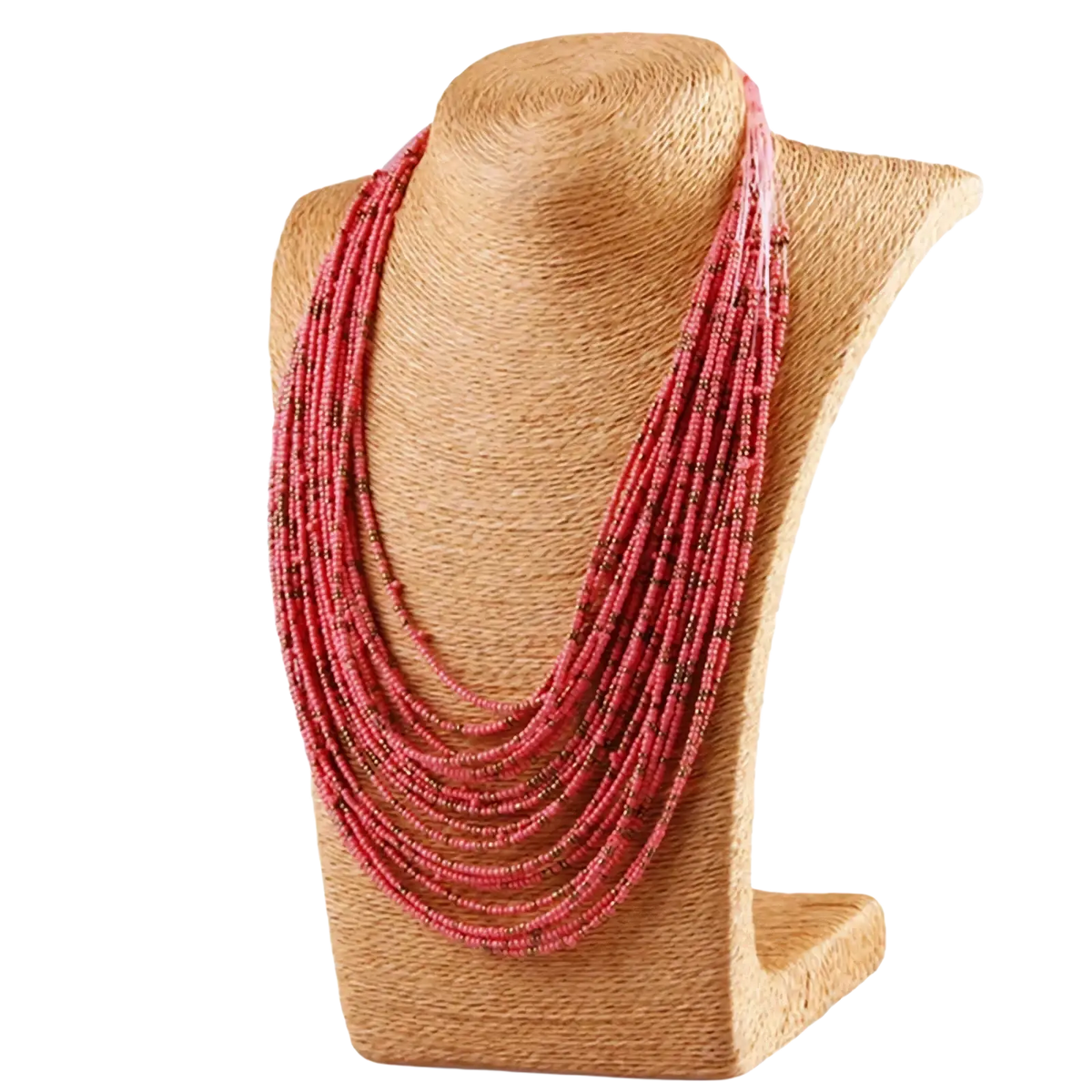 Multi-layer boho beaded statement necklace for women with coral pink and subtle black accent beads