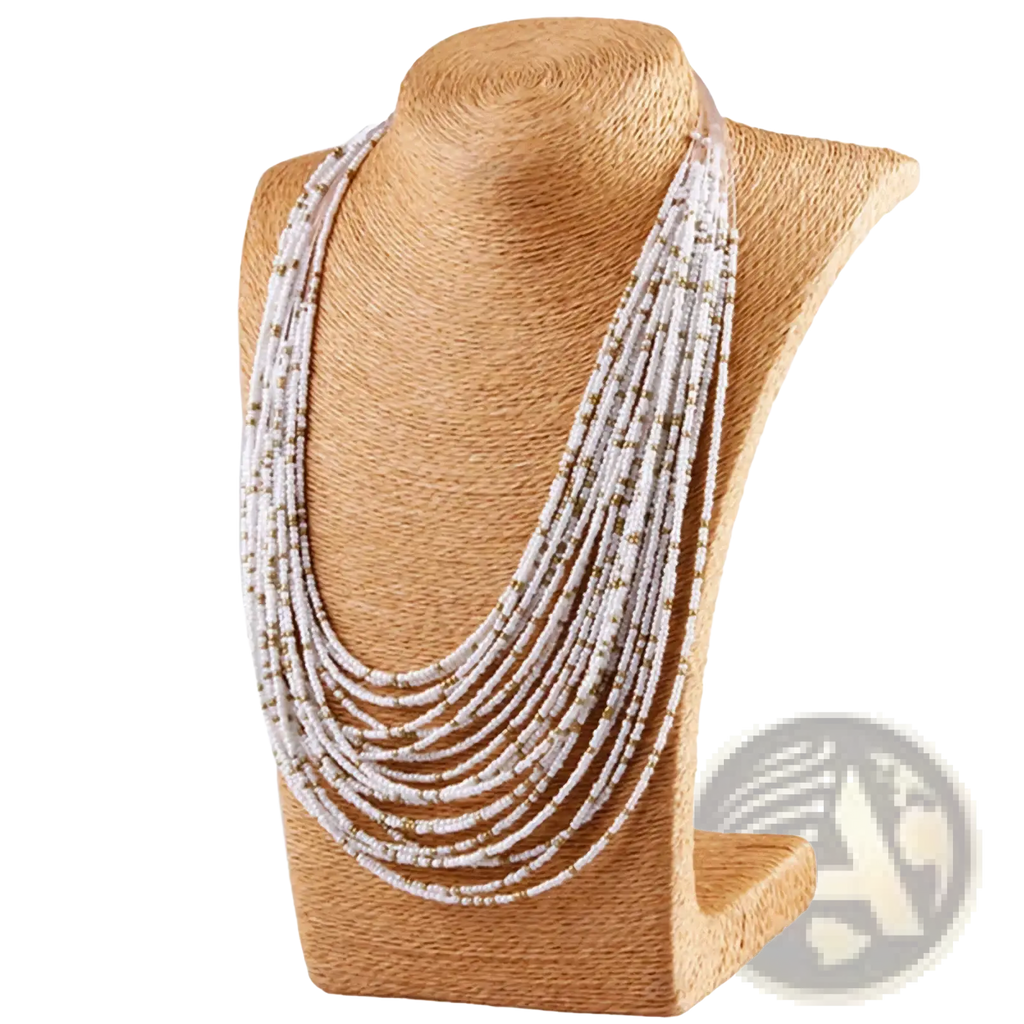 Multi-layer boho beaded statement necklace for women with delicate white and gold beads displayed on a textured bust