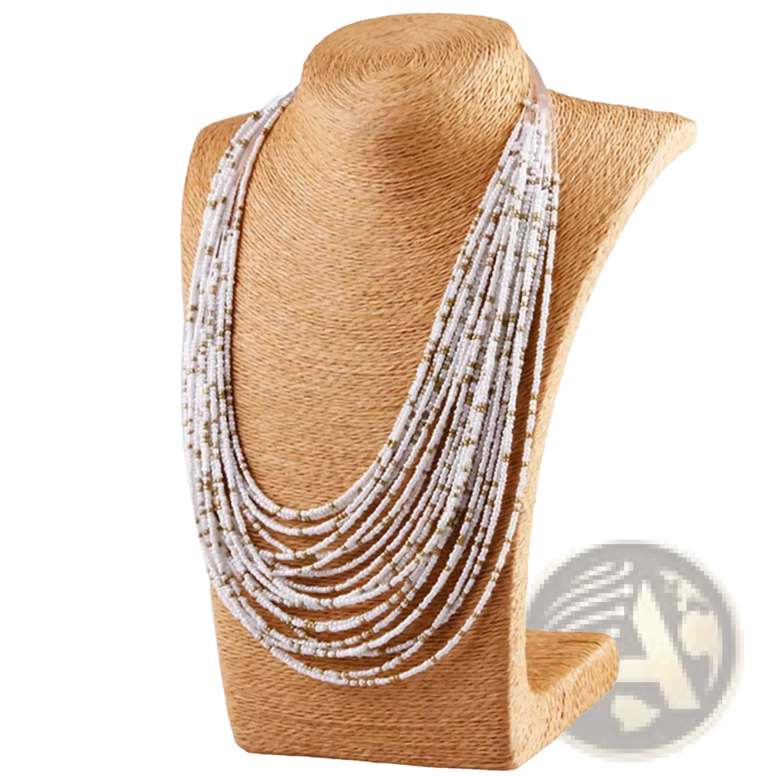Multi-layer boho beaded statement necklace for women with delicate white and gold beads displayed on a textured bust