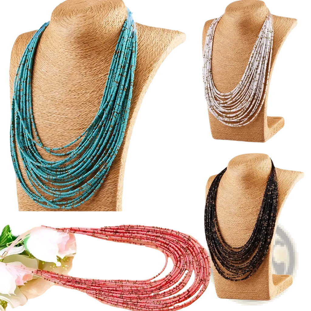 Multi-layer boho turquoise beaded statement necklace for women with small uniformly sized beads in multiple strands
