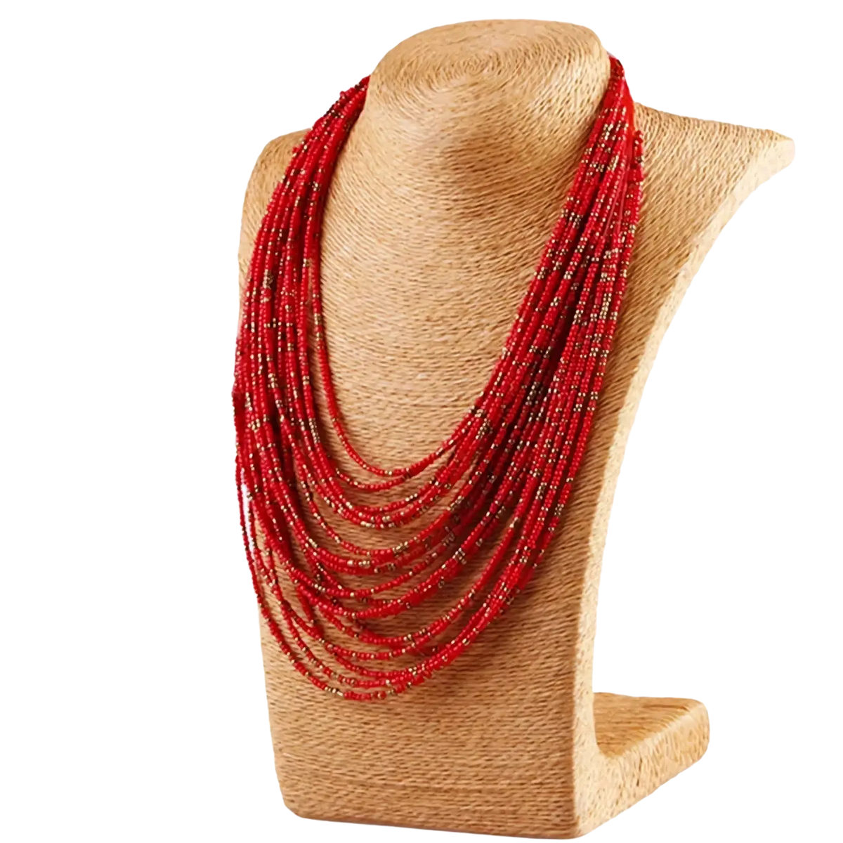 Multi-layer boho red beaded statement necklace with subtle gold accents displayed on a textured mannequin bust