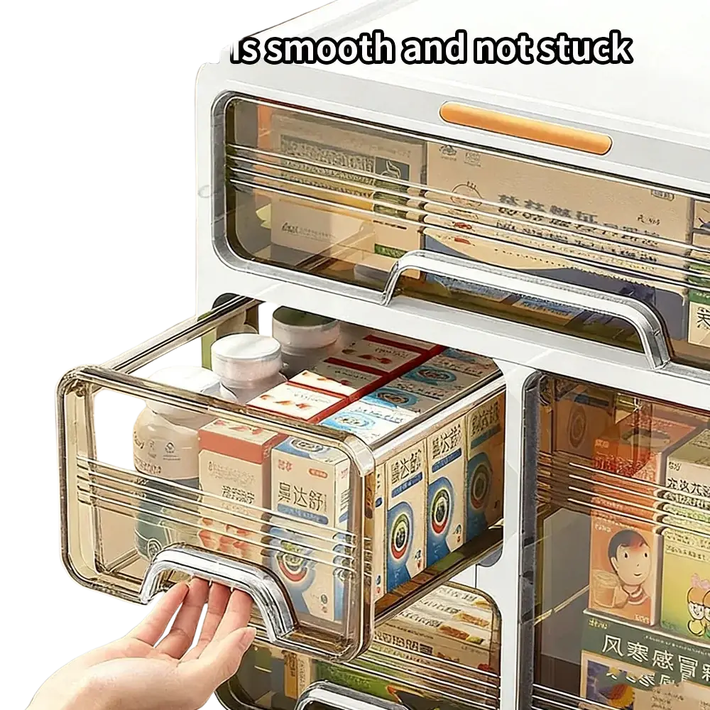 Multi-layer medicine storage box with large capacity featuring clear plastic drawers, silver metal handles, and a white frame