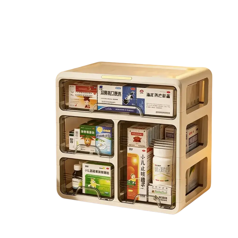 White plastic multi-functional medicine storage box with transparent front panels and metal wire shelves for large capacity organization